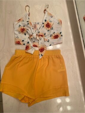 SHEIN White Sunflower Crop Top with spagetti straps  & Bright Yellow Shorts Set